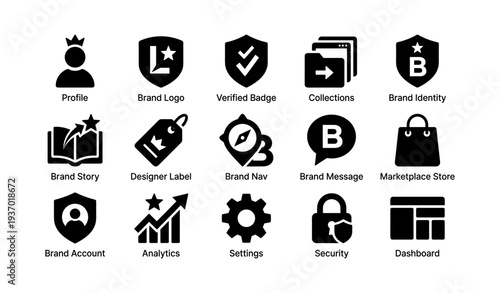 Brand and security icons set: profiles, logos, badges, and more