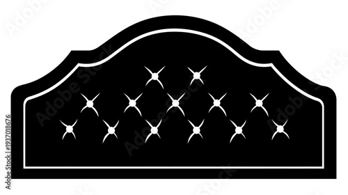Stylized, tufted headboard in a simple black and white design with curved upper shape