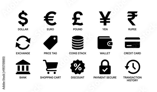 Currency and finance icons: dollar, euro, pound, yen, rupee, wallet, credit card, bank
