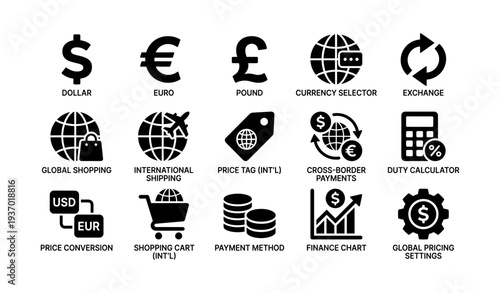 Currency and global shopping icons set with dollar euro pound symbols