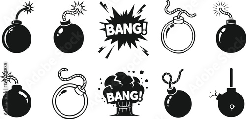 Explosive bomb icons with fuses and detonators, symbolizing danger and destruction
