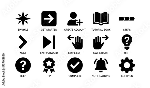 Black and white interface icons with user interaction and navigation symbols