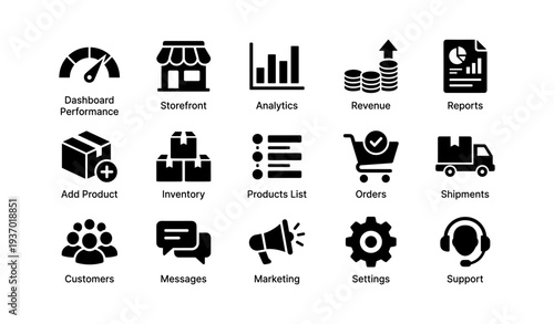 E-commerce dashboard icons: performance, analytics, marketing, support, inventory management