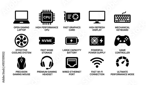 Gaming tech icons featuring laptop, cpu, display, keyboard, graphics, and cooling system