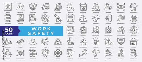Work safety icon set Line Style with hazard, compliance, prevention, inspection, regulation, warning, evacuation, protection, equipment, report, risk, communication, training, first aid, and more. 