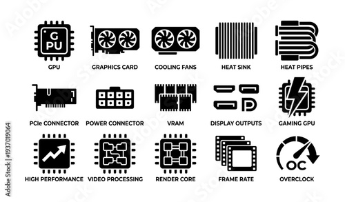 Gpu component icons: graphics card, cooling fans, heat sink, pcie, power connector