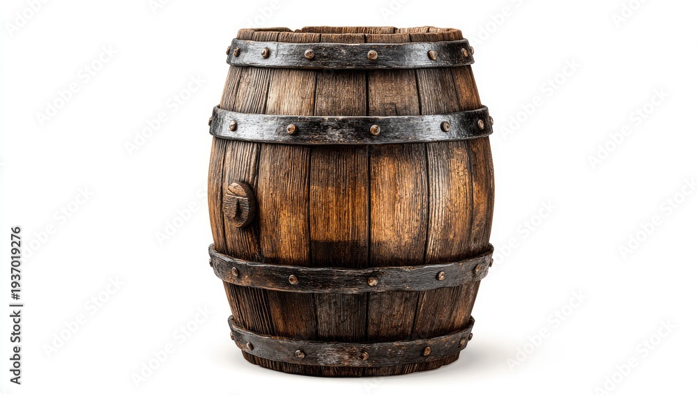 Obraz premium Detailed frontal view of a wooden barrel with metal hoops, isolated on a white background