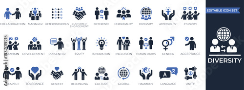 Diversity solid icon collection. Containing equality, ethnicity, tolerance,  culture, belonging, human rights, and languages, icons. Perfect icon collection.