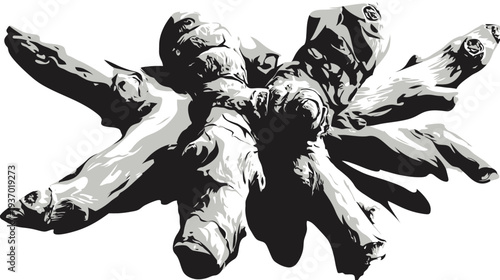 Black and white illustration of a weathered, gnarled tree root system. The image has a stark, graphic quality