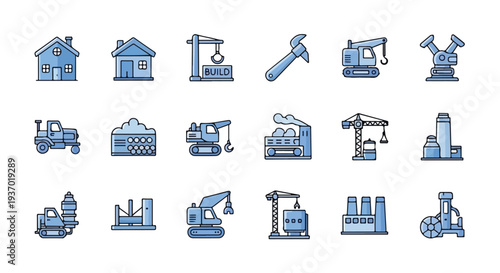A vector set of 15 blue-themed cartoon icons illustrating various industrial machinery, construction equipment, and factory buildings.