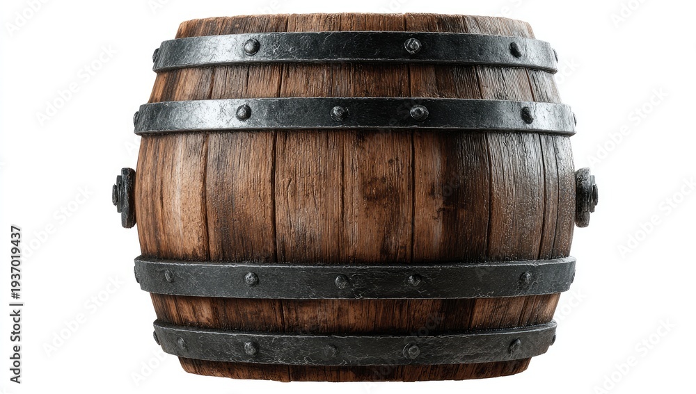 Obraz premium Rustic wooden barrel with metal bands and handles on a white background