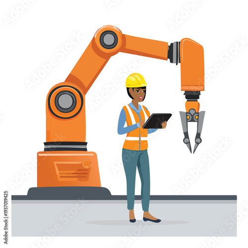Woman engineer supervising robotic arm in industrial setting