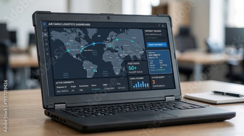 A laptop displaying global logistics dashboard for the concept of technology and transport.
