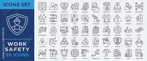 Work safety icon set. Containing hazard, risk management, first aid, protection,  training, compliance, regulation, equipment, rescue and more. Line vector icons collection