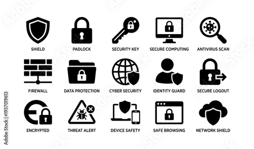 Cybersecurity icons: shield, padlock, firewall, encryption, antivirus, secure network