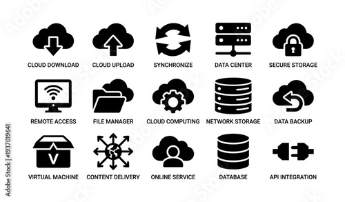 Cloud computing icons: data storage, security, and services
