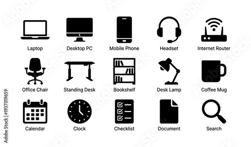 Icons of office equipment: laptop, mobile, headset, desk, and more essentials