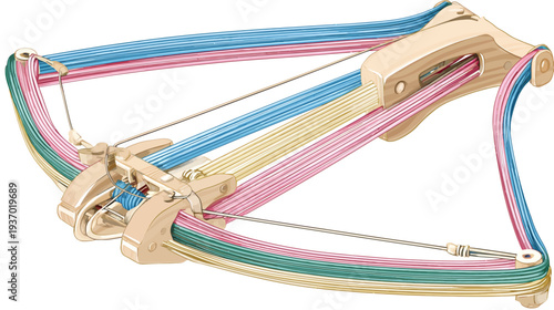 An illustrated depiction of a crossbow, showcasing the mechanics and components in detail