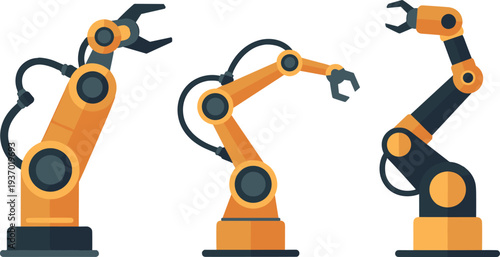 Flat design industrial robotic arms set for factory automation manufacturing technology mechanical robot manipulators illustration collection