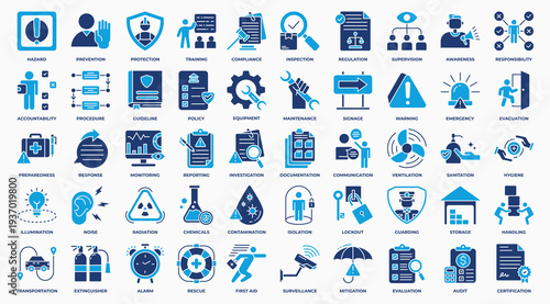 work safety icon set collection in flat blue style. an icon pack contain safety, hazard, protection, first aid, danger, warning, training, regulation, prevention. Simple Vector Illustration.