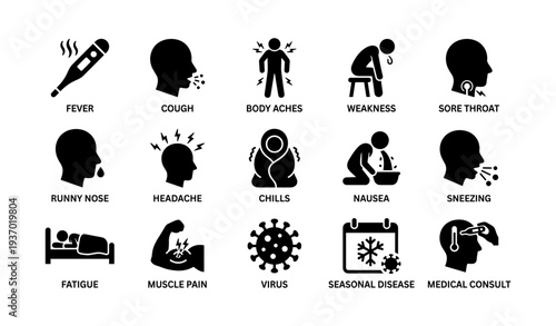 Virus symptoms: fever, cough, weakness, nausea, muscle pain, seasonal illness icons