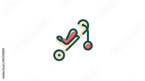 A colorful, simple illustration of a child's stroller against a white backdrop