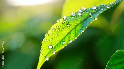 Lush Green Leaf Adorned with Sparkling Dewdrops in Morning Sunlight.