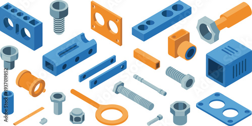 Isometric industrial mechanical parts collection with bolts nuts brackets and machine components engineering hardware set manufacturing illustration