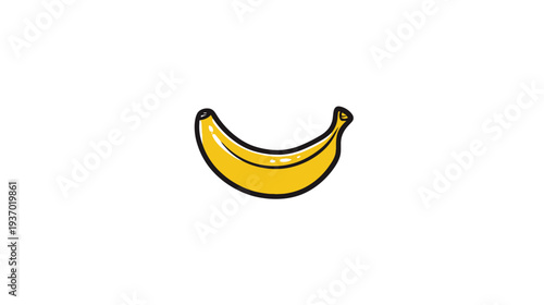 A cartoon banana, yellow and curved with a black outline, placed on a white background