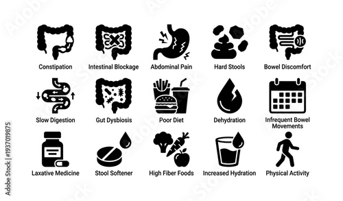 Intestinal health icons: digestive issues and solutions