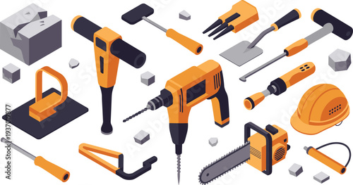 Isometric construction tools and equipment set with drill jackhammer chainsaw trowel screwdriver safety helmet and building tools illustration