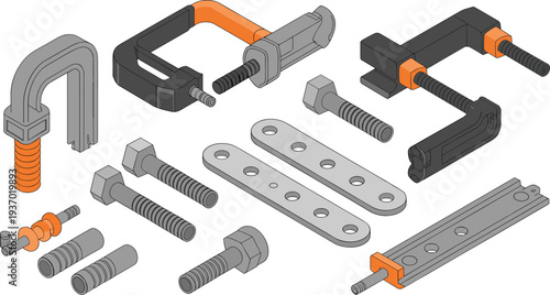 Isometric mechanical clamps bolts and metal brackets set, industrial fastening tools engineering hardware components illustration collection