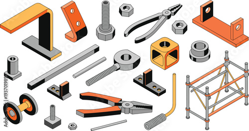Isometric mechanical tools and industrial hardware set with pliers bolts brackets fasteners and engineering components illustration collection
