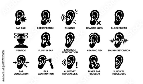 Ear health icons: common conditions and treatments visual guide