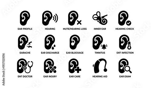 Ear health icons set: hearing loss, tinnitus, earache, exam, aid, doctor