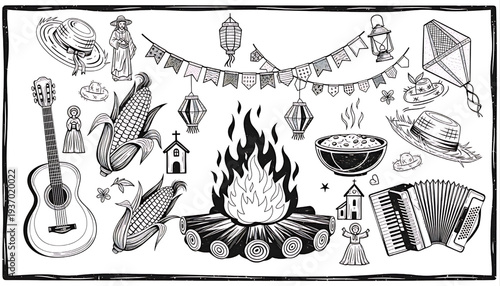 Set of items for Festa Junina and São João in black and white. Traditional Brazilian festival.