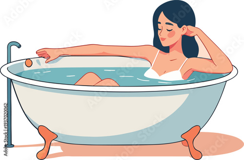 donna nella vasca da bagno in casa, relax ferie, riposo, yoga vettoriale 