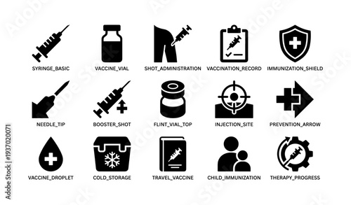 Medical vaccination icons set: syringe and vaccine vial for immunization and prevention