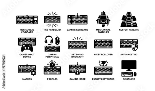 Collection of gaming and mechanical keyboard icons with accessories