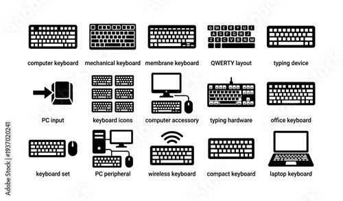 Types of computer keyboards and accessories icons with layouts and peripherals