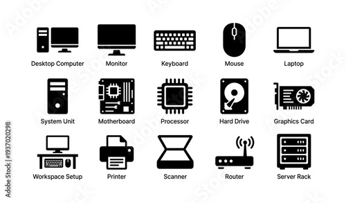 Icons of computer hardware: desktop, monitor, keyboard, mouse, and more
