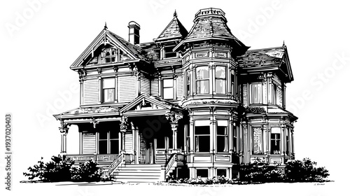 A detailed black and white illustration of a large Victorian-style house