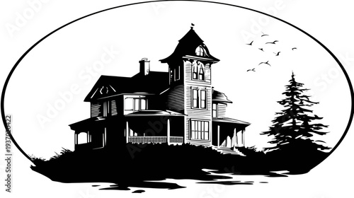 A black and white illustration of a Victorian house, a tall pine tree, and flying birds inside a circle