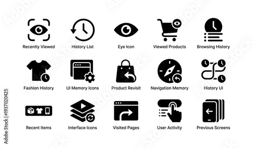 User interface icons: eye, history, shopping cart, navigation symbols