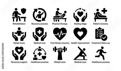 Rehabilitation and recovery icons for medical and healthcare therapy processes