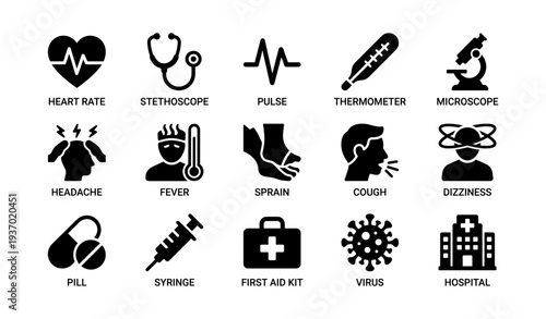 Medical icons: heart rate, stethoscope, pulse, thermometer, microscope, health concepts