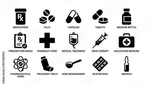 Healthcare and pharmaceutical icons including pills, capsules, syringe, and ampoule