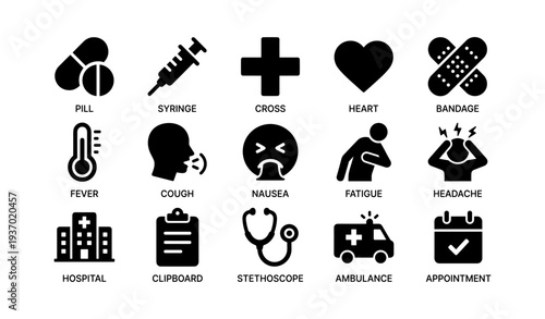 Medical icons: pill, syringe, heart, and healthcare symbols