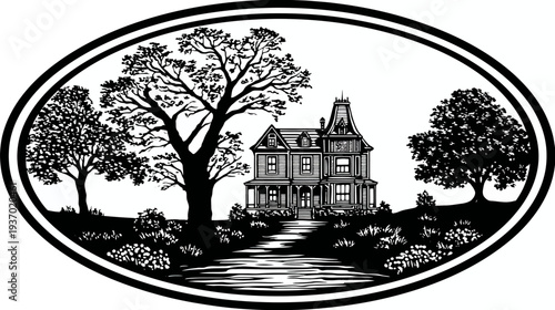 A black and white illustration of a Victorian house in an oval frame, with trees and a winding path