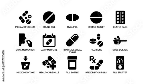 Variety of pharmaceutical icons: pills, tablets, blister packs, and more